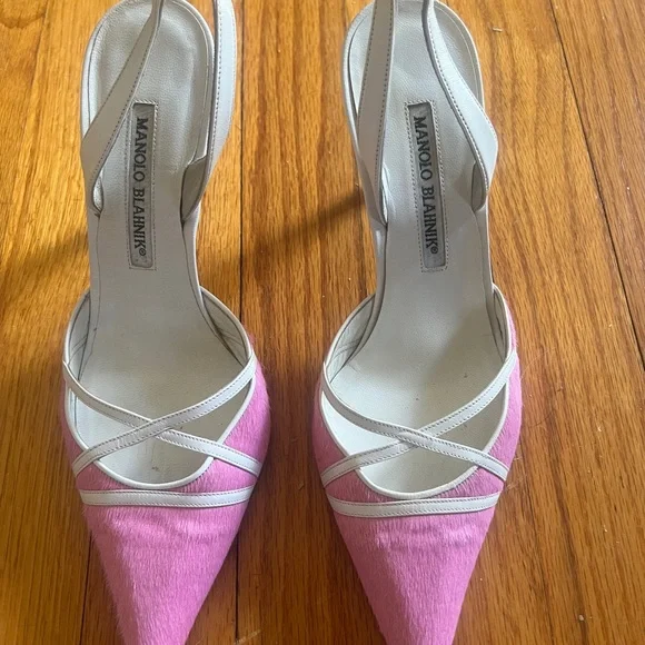Manolo Blahnik Pink Pony Hair Slingback Heels Size 37 Kitten Heel - Picture 2 of 16